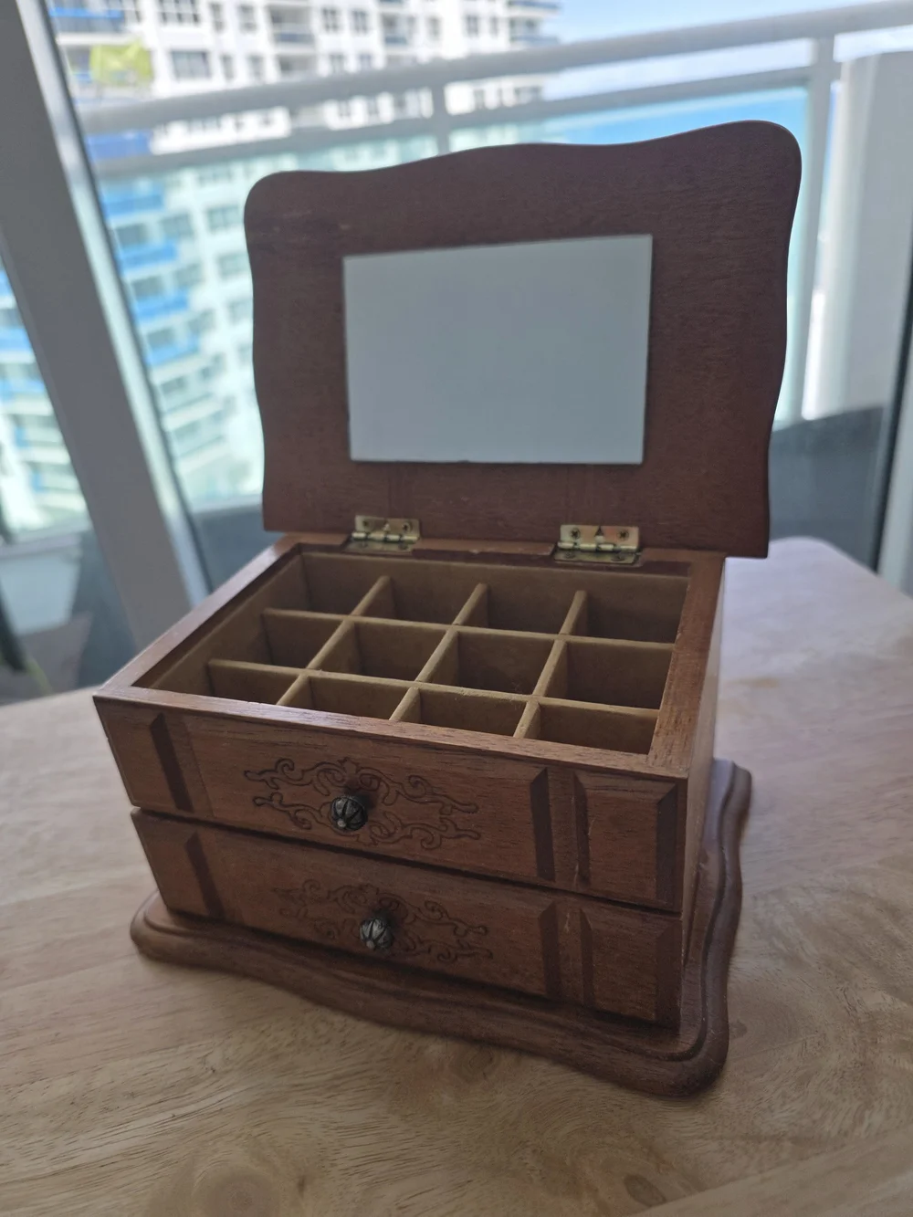 Vintage Brown Wooden Jewelry Organizer with Mirror